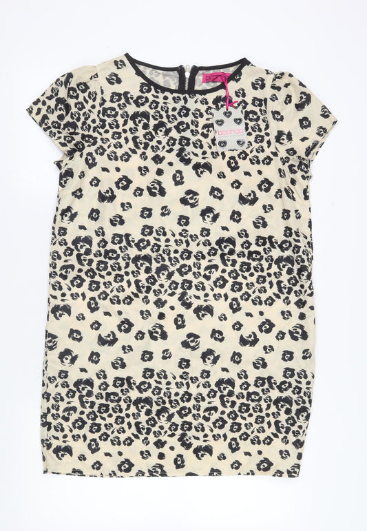 Boohoo Women Beige Animal Print Shift Dress Size 14