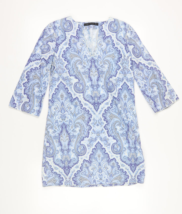 Zara Women Blue Cotton Paisley Shift Dress Size 6
