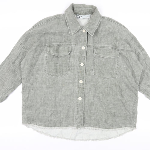 Zara Women Grey Linen Button-Up Shirt, Size L