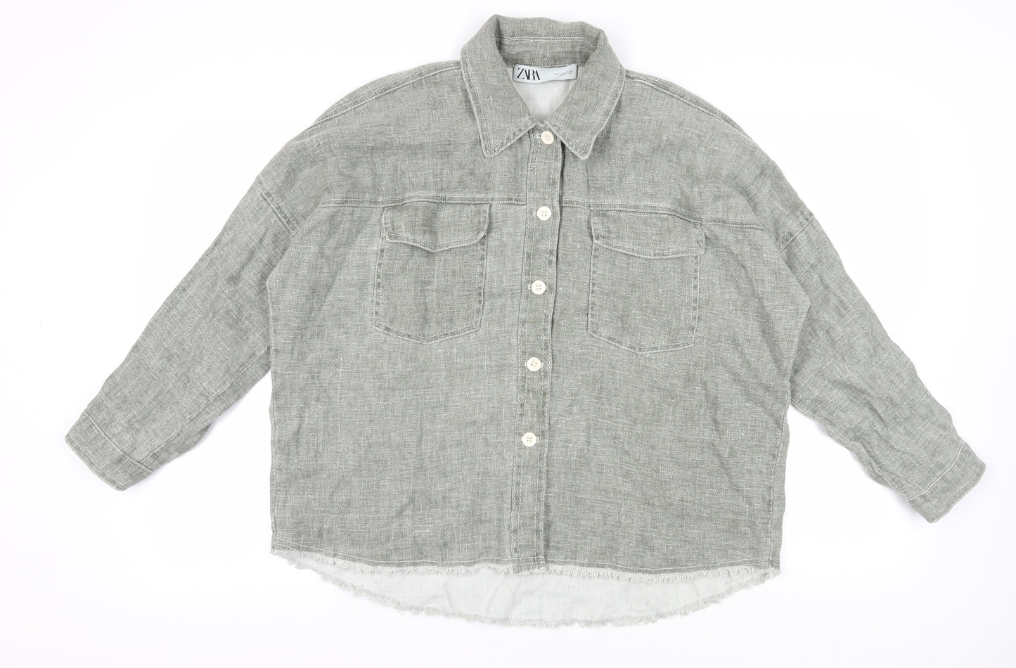 Zara Women Grey Linen Button-Up Shirt, Size L