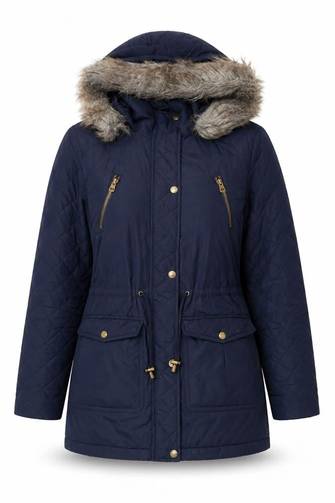 Front view of Pineapple Women's Blue Parka Coat Fur Trim Zip, size 10