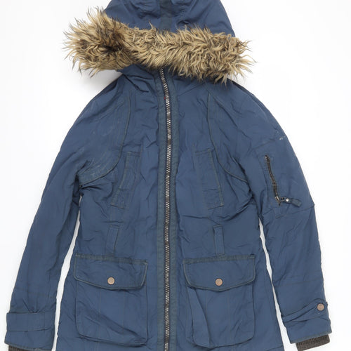 Next Women's Blue Parka Jacket with Fur Trim Size 10