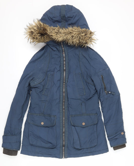 Next Women's Blue Parka Jacket with Fur Trim Size 10