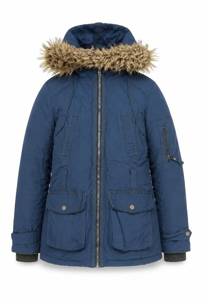 Front view of Next Women's Blue Parka Jacket with Fur Trim, size 10