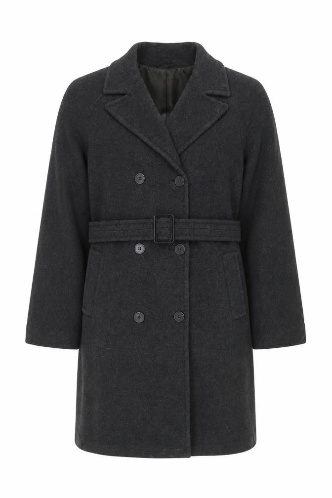 Front view of Anne Weyburn Women's Black Belted Overcoat UK 12