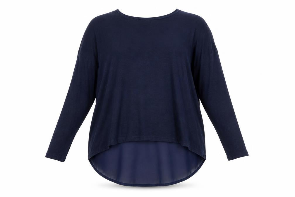 Front view of Label Lab Women's Blue Tunic Blouse, size M, Round Neck