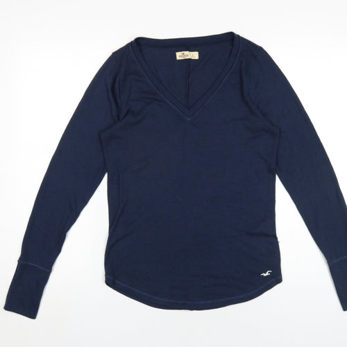 Hollister Women's Blue V-Neck Long Sleeve T-Shirt L