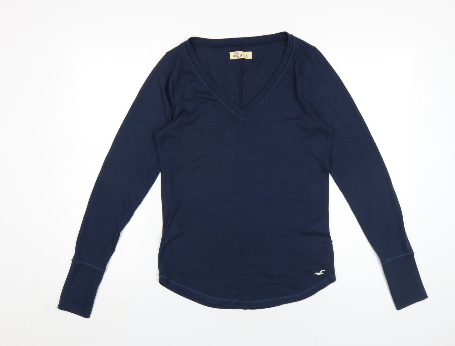 Hollister Women's Blue V-Neck Long Sleeve T-Shirt L