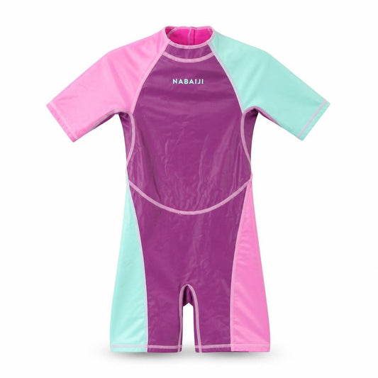 Front view of Decathlon unisex kids rash guard, pink/purple/green, 6 years