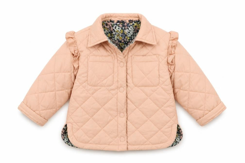 Front view of Laura Ashley unisex quilted jacket, pink, 12-18 months, lined