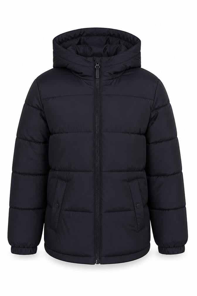Front view of Firetrap boys’ black puffer jacket 6-7 winter hooded