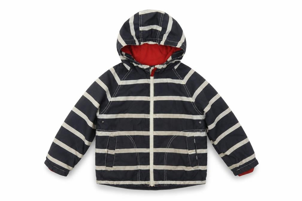 Front view of Mini Boden boys’ black striped puffer jacket 4-5y