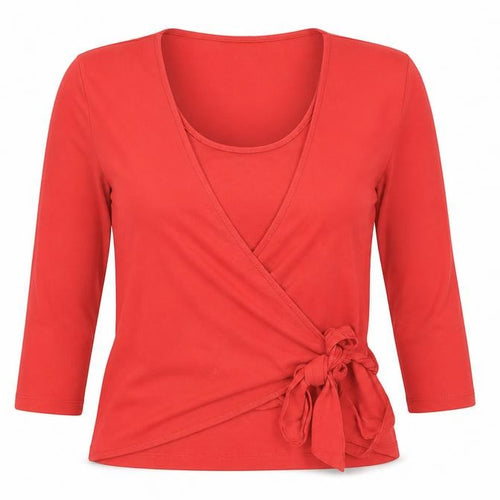 Lakeland Women's Red Wrap Top Size M 3/4 Sleeve V-Neck