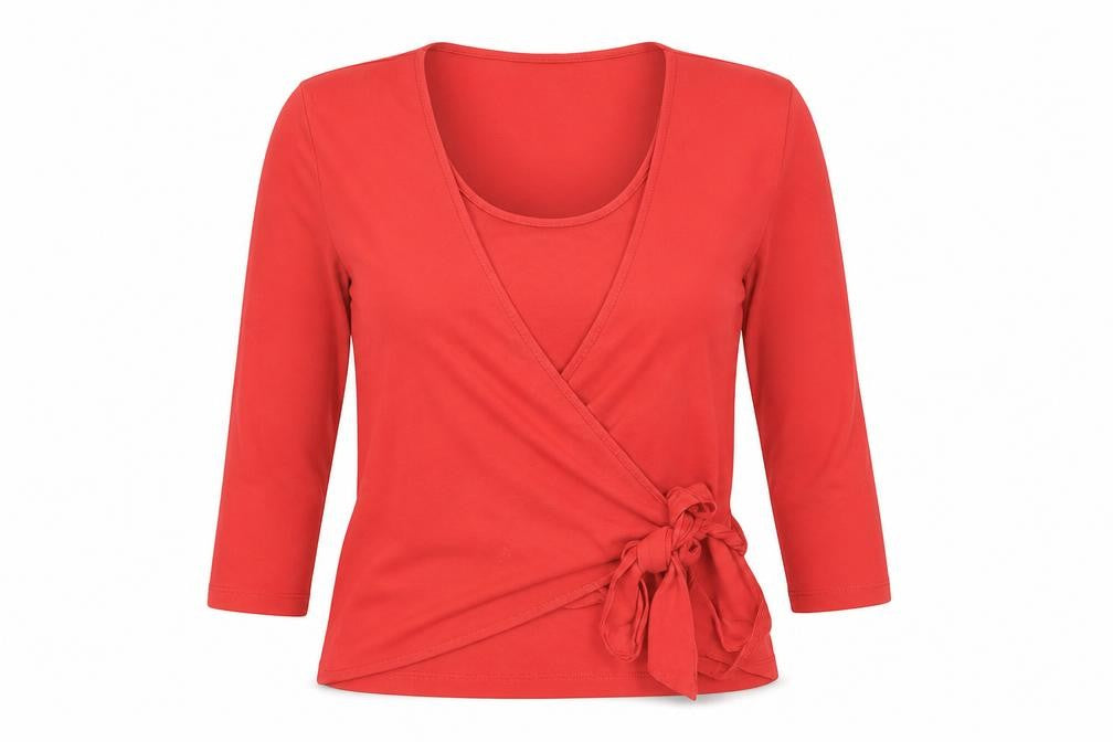 Lakeland Women's Red Wrap Top Size M 3/4 Sleeve V-Neck