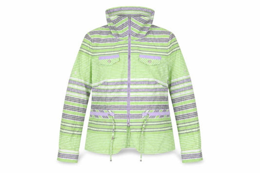 Front view of Biasler Women's Green Striped Windbreaker Jacket, size 12