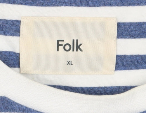 Folk Men's Blue Striped Crew Neck T-Shirt XL