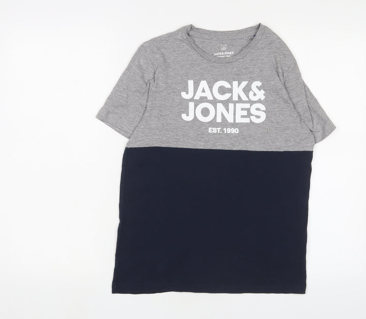 Jack & Jones Boys Grey Black Colourblock T-Shirt, Size 14 Years
