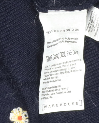 Warehouse Women's Blue Embroidered Pullover Jumper Size 4