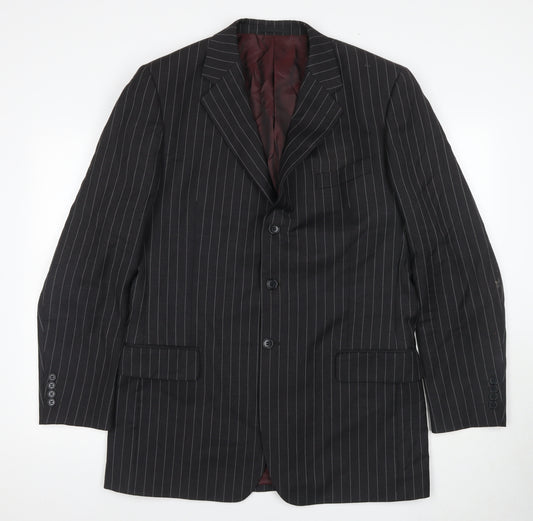 Dehavilland Men's Black Wool Blazer, Size 42L, Striped