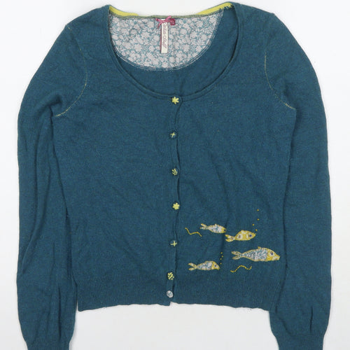 White Stuff Women’s Blue Cardigan - Size 10 Embroidered Fish Design