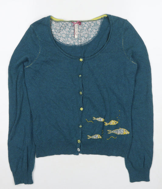 White Stuff Women’s Blue Cardigan - Size 10 Embroidered Fish Design