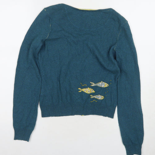 White Stuff Women’s Blue Cardigan - Size 10 Embroidered Fish Design