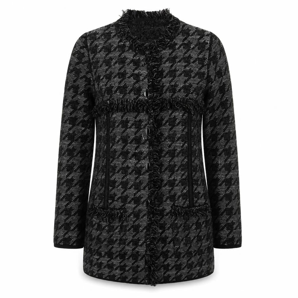 Front view of Faber Women's Black Cardigan, size 12, Houndstooth Knit