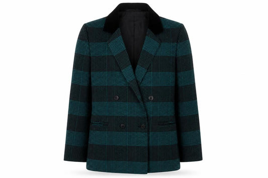 Front view of Mia Cassara Women's Plaid Wool Blazer, size 12, Multicoloured