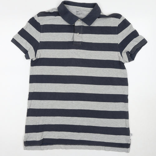 GAP Men's Black & Grey Striped Polo M Short Sleeve