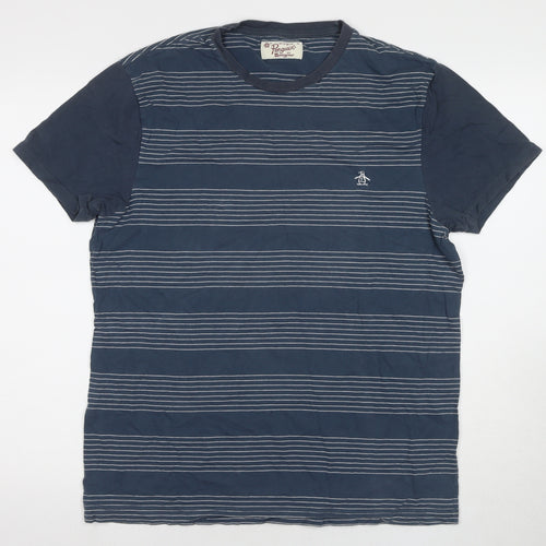 Penguin Men's Blue Striped T-Shirt, XL, Short Sleeve