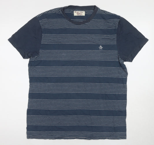 Penguin Men's Blue Striped T-Shirt, XL, Short Sleeve