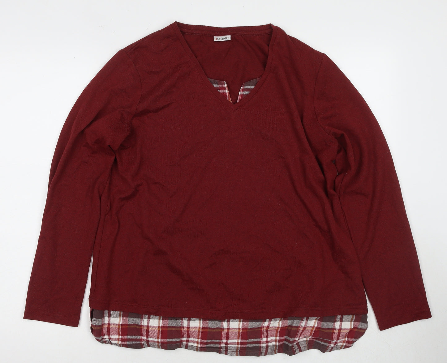 Damart Women's Red V-Neck Plaid Trim Jumper, Size L
