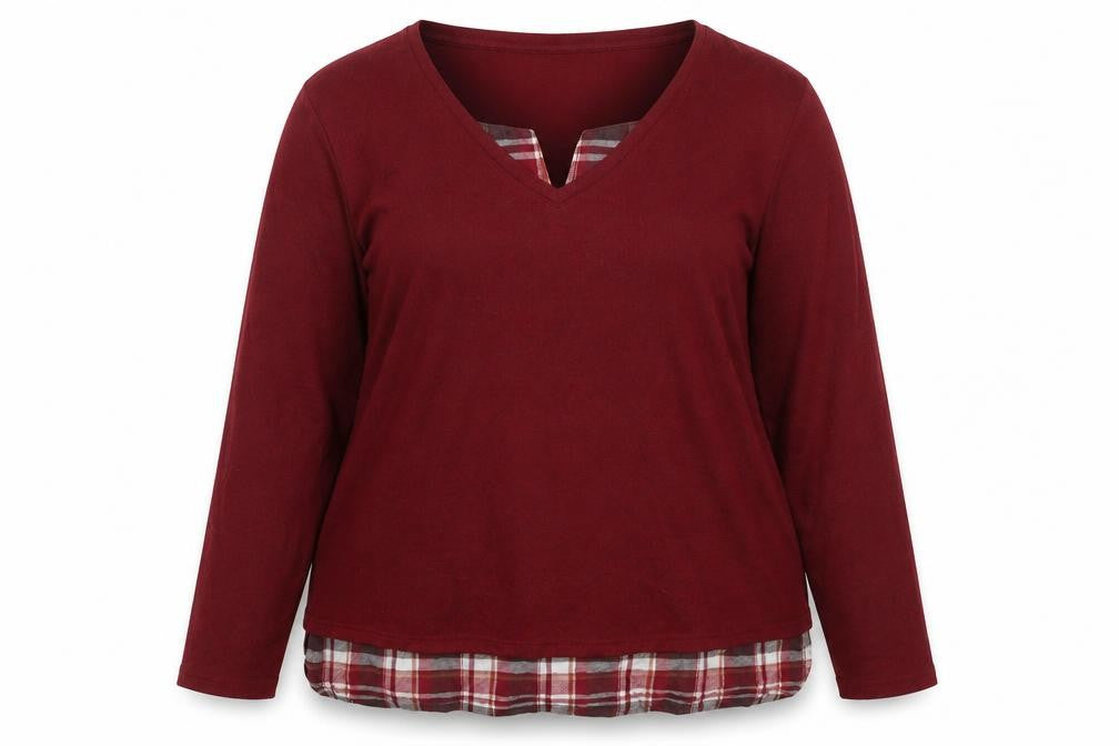 Damart Women's Red V-Neck Plaid Trim Jumper, Size L