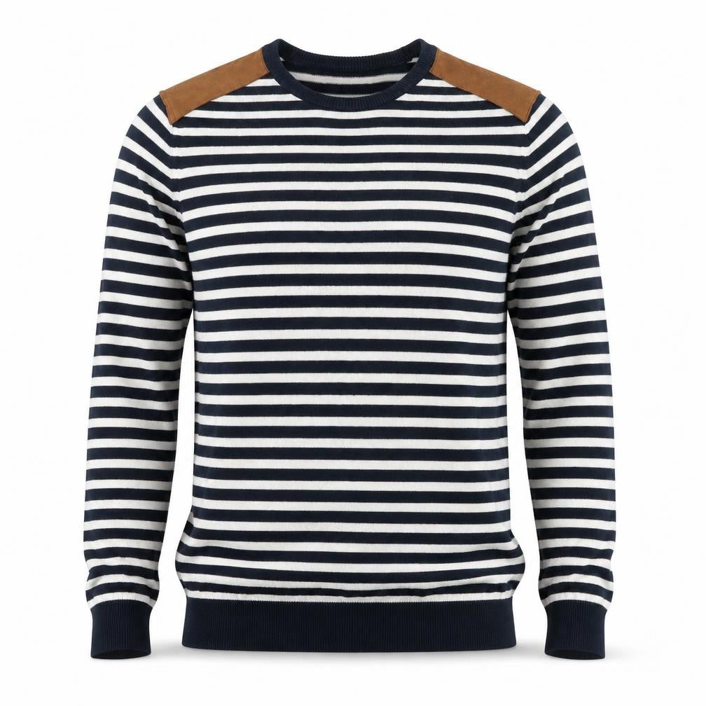 Front view of H&M Men's Black White Striped Pullover, size S