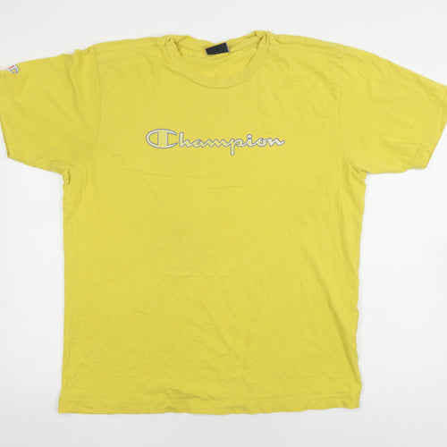 Champion Men's Yellow T-Shirt, Size L, Crew Neck, Logo, Cotton