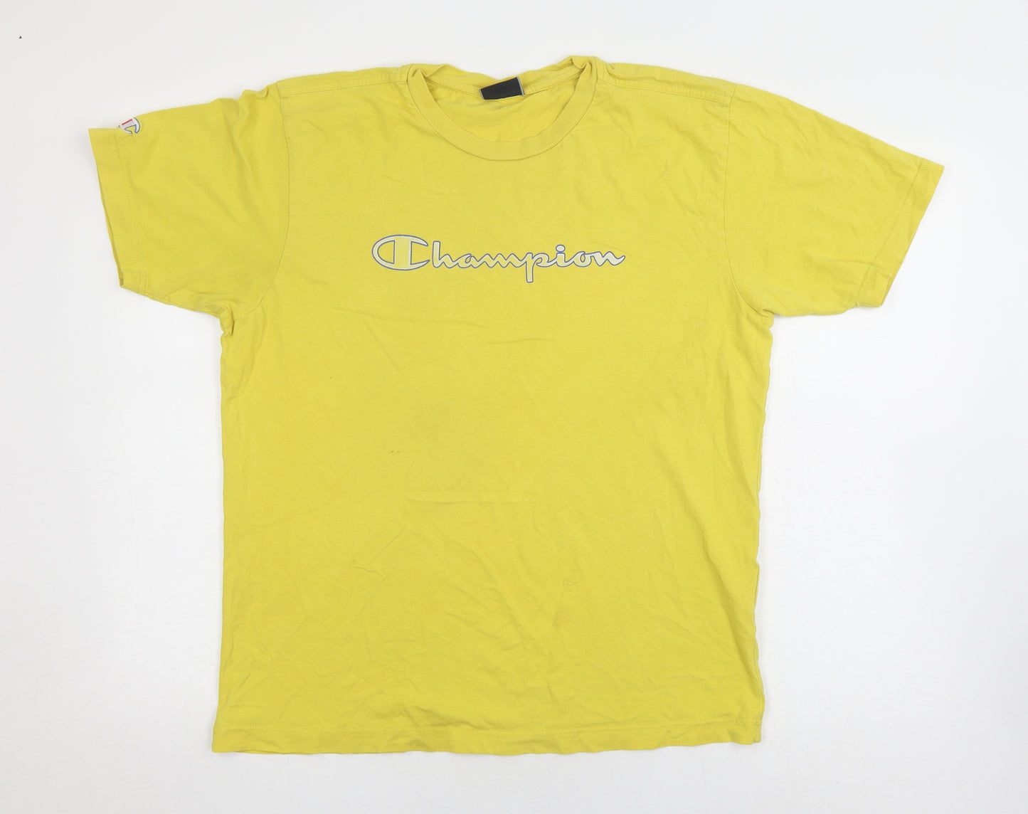 Champion Men's Yellow T-Shirt, Size L, Crew Neck, Logo, Cotton