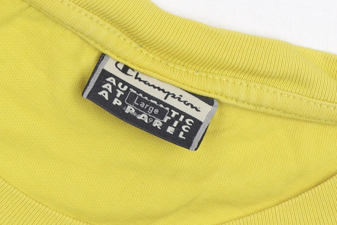 Champion Men's Yellow T-Shirt, Size L, Crew Neck, Logo, Cotton