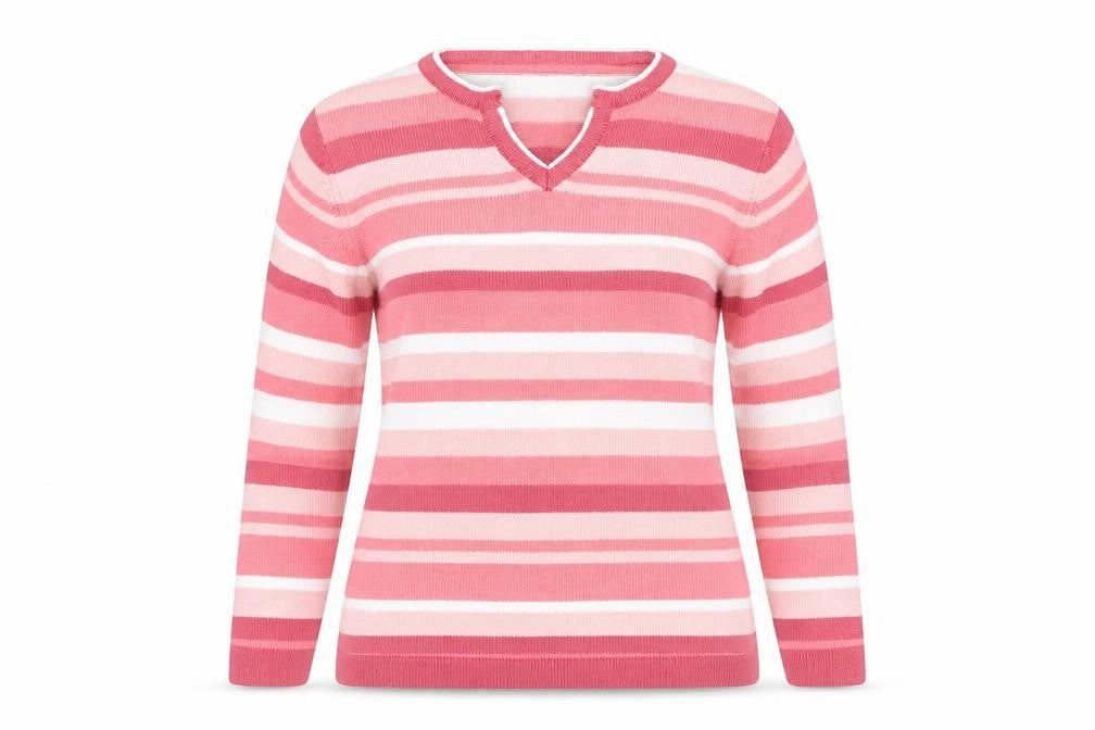 Front view of Isle Women's Pink Striped V-Neck jumper, size 10