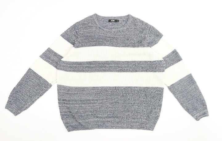Jacamo Men Blue Striped Chunky-Knit Pullover 2XL