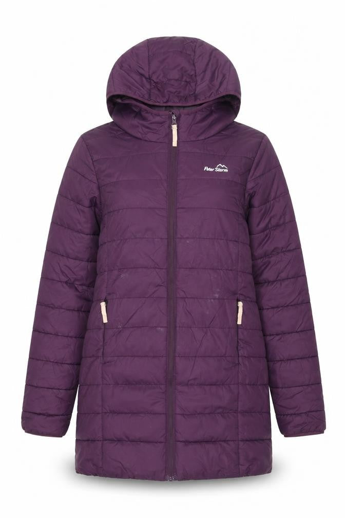Front view of Peter Storm Women's Purple Puffer Jacket, size 4, Hooded