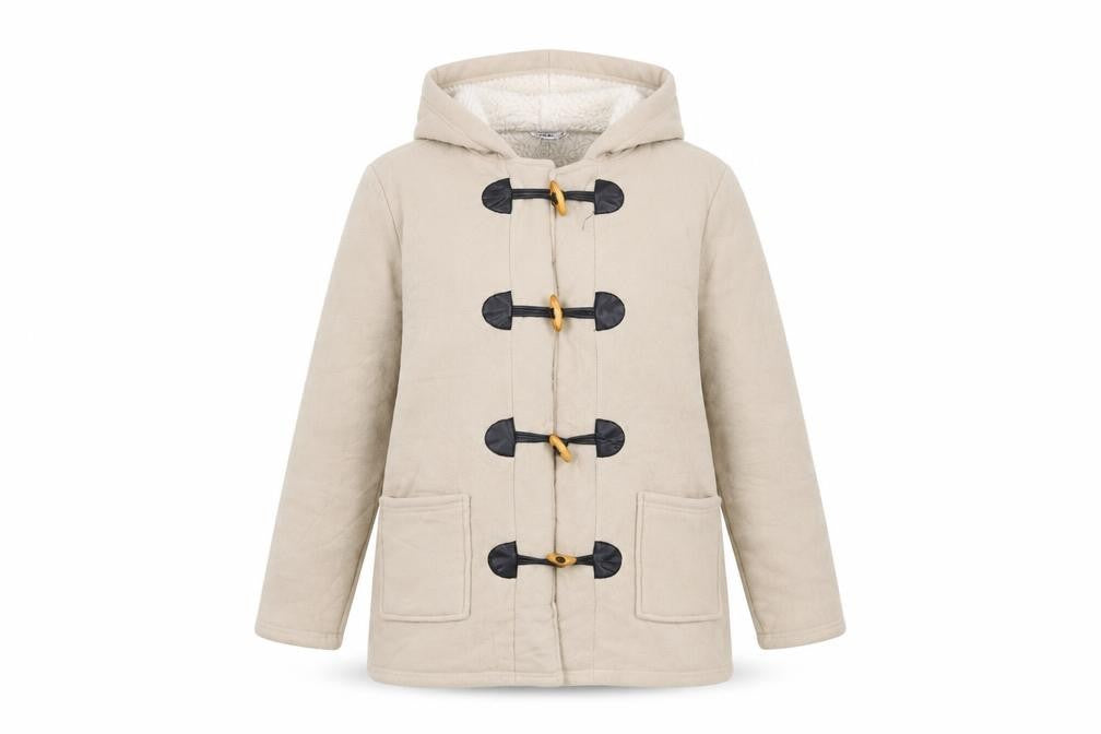 Front view of Damart Women's Beige Toggle Hooded Coat, size 14
