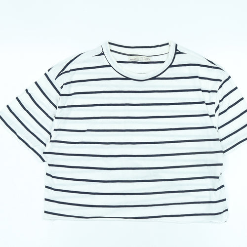 Pull & Bear White Striped Cropped T-Shirt Unisex M