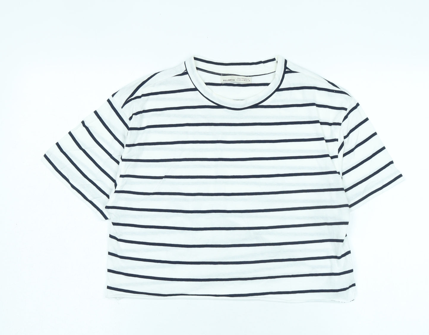 Pull & Bear White Striped Cropped T-Shirt Unisex M