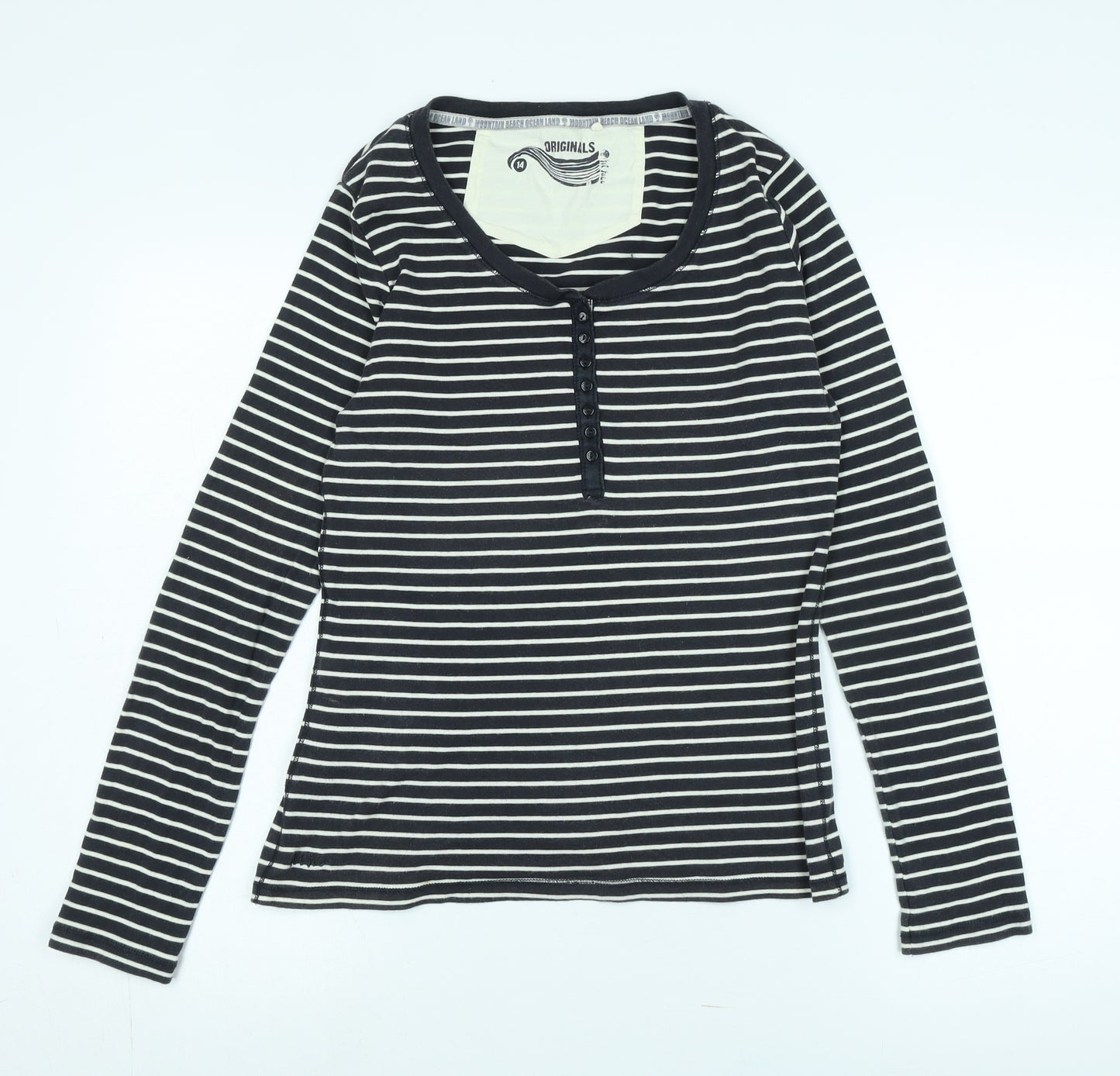 Fat Face Women's Black Striped Henley T-Shirt, Size Regular