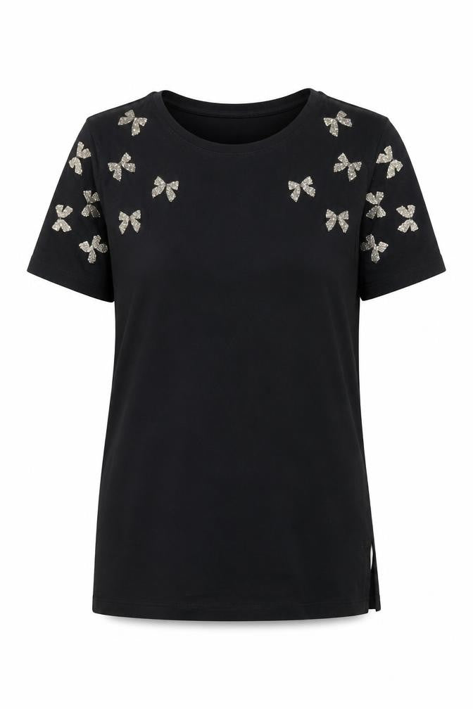 Front view of Savida Women's Black Embroidered T-Shirt, size 8