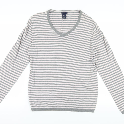 Gap Women's Grey Striped V-Neck Jumper L