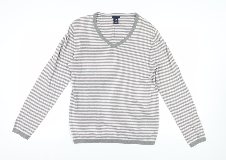 Gap Women's Grey Striped V-Neck Jumper L