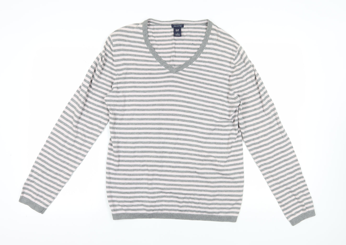 Gap Women's Grey Striped V-Neck Jumper L