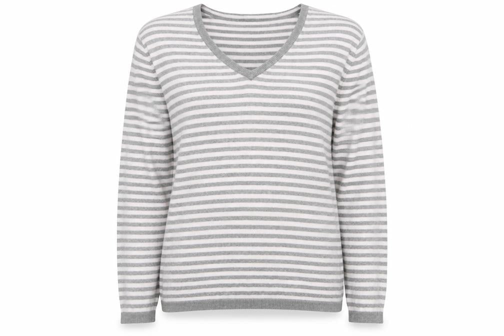 Front view of Gap Women's Grey Striped V-Neck Jumper L