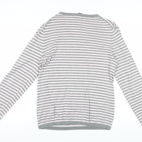 Gap Women's Grey Striped V-Neck Jumper L